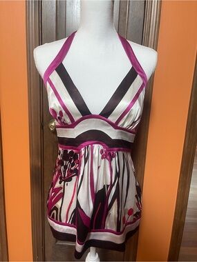 Vintage silk bebe Floral Halter Top in Magenta & Cream size M